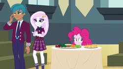 Size: 1920x1090 | Tagged: safe, screencap, fleur-de-lis, pinkie pie, equestria girls, g4, my little pony equestria girls: friendship games, clothes, crystal prep academy uniform, food, school uniform, sneaky