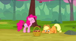 Size: 1360x730 | Tagged: safe, screencap, applejack, pinkie pie, earth pony, pony, g4, season 2, the last roundup, basket, cherry, cherry orchard, chimicherrychanga, duo, female, floppy ears, food, mare, missing cutie mark, pickle barrel kumquat, pinkie being pinkie, tree, yellow cherry