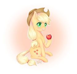 Size: 960x928 | Tagged: safe, artist:雪娜, applejack, earth pony, pony, g4, apple, chest fluff, cute, female, food, jackabetes, looking at you, mare, open mouth, sitting, solo