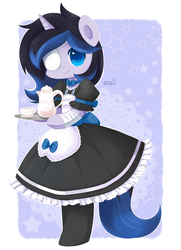 Size: 600x831 | Tagged: safe, artist:exceru-karina, oc, oc only, oc:loveless charm, anthro, clothes, coffee, dress, eyepatch, maid, solo