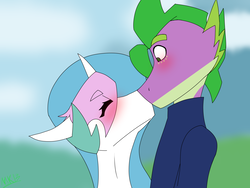 Size: 1600x1200 | Tagged: safe, artist:moonaknight13, princess celestia, spike, dragon, g4, adult spike, blushing, blushing profusely, clothes, female, kissing, male, older, ship:spikelestia, shipping, shirt, shocked, simple background, straight, sudden kiss
