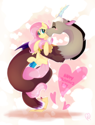 Size: 1464x1918 | Tagged: safe, artist:zlayd-oodles, discord, fluttershy, draconequus, pony, g4, cheek kiss, cheek squish, cute, discute, female, kissing, male, ship:discoshy, shipping, shyabetes, squishy cheeks, straight, valentine's day