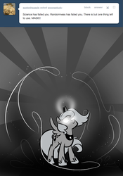 Size: 666x950 | Tagged: safe, artist:egophiliac, princess luna, the smooze, pony, moonstuck, g1, g4, ask, female, filly, glowing eyes, goop, magic, majestic, monochrome, partial color, solo, tumblr, woona, younger