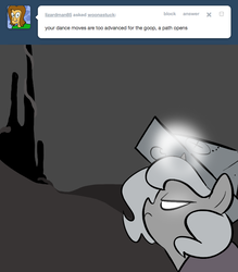 Size: 666x761 | Tagged: safe, artist:egophiliac, princess luna, the smooze, pony, moonstuck, g1, g4, cartographer's cap, female, filly, glowing eyes, goop, hat, magic, marauder's mantle, monochrome, partial color, solo, tower, tumblr, tumblr comic, woona, younger