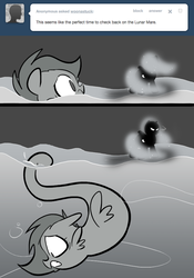 Size: 666x950 | Tagged: safe, artist:egophiliac, nightmare moon, oc, oc only, oc:danger mcsteele, sea pony, moonstuck, ask, dark woona, filly, monochrome, nightmare woon, partial color, tumblr, walking on water