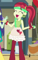 Size: 572x898 | Tagged: safe, screencap, blueberry cake, rose heart, equestria girls, g4, my little pony equestria girls, balloon, bracelet, corn, cropped, cupcake, ear piercing, earring, female, food, grapes, hallway, heart, jewelry, lockers, piercing, solo, table