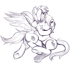 Size: 1700x1654 | Tagged: safe, artist:redheadfly, oc, oc only, oc:tom ink, oc:wireframe, pegasus, pony, unicorn, female, hug, male, mare, monochrome, sketch, stallion