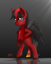 Size: 2200x2750 | Tagged: safe, artist:duskie-06, oc, oc only, oc:red pone, pegasus, pony, bipedal, clothes, high res, male, red and black oc, reflection, solo, stallion, vest