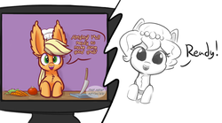 Size: 1280x711 | Tagged: safe, artist:heir-of-rick, applejack, oc, oc:brownie bun, daily apple pony, g4, apron, carrot, chef's hat, chest fluff, clothes, cooking, cooking show, cute, dialogue, ear fluff, food, hat, impossibly large ears, knife, ocbetes, style emulation, television, this will end in fire, this will end in tears, this will end in tears and/or breakfast, tomato, xk-class end-of-the-kitchen scenario