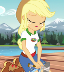 Size: 640x720 | Tagged: safe, screencap, applejack, equestria girls, g4, my little pony equestria girls: legend of everfree, applejack's hat, boots, camp everfree outfits, clothes, cowboy boots, cowboy hat, cropped, eyes closed, female, freckles, frown, hammer, hat, holding, lake, sad, solo, tree
