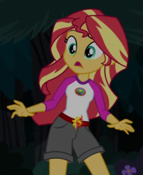 Size: 570x700 | Tagged: safe, screencap, sunset shimmer, equestria girls, g4, my little pony equestria girls: legend of everfree, camp everfree outfits, clothes, cropped, female, night, open mouth, shorts, solo, tree