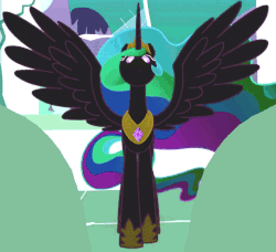 Size: 870x794 | Tagged: safe, color edit, edit, edited screencap, screencap, princess celestia, alicorn, pony, friendship is magic, g4, season 1, animated, castle of the royal pony sisters, colored, cropped, female, gif, introduction, inverted colors, looking at you, looking down, majestic, mountain, solo, spread wings, tree, vine, window