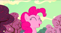 Size: 1360x730 | Tagged: safe, screencap, pinkie pie, earth pony, pony, g4, the last roundup, cherry blossoms, cherry orchard, cherry tree, cute, eyes closed, female, flower, flower blossom, mare, smiling, solo, tree