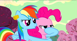 Size: 1360x730 | Tagged: safe, screencap, pinkie pie, rainbow dash, pony, g4, the last roundup, cherry blossoms, cherry tree, cork, flower, flower blossom, hoof over mouth, lidded eyes, tree