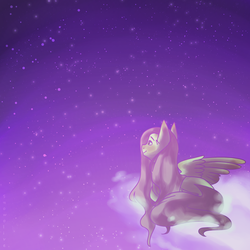 Size: 1024x1024 | Tagged: safe, artist:snowolive, fluttershy, pegasus, pony, g4, cloud, female, looking away, looking up, night, on a cloud, prone, smiling, solo, starry night, stars, wings