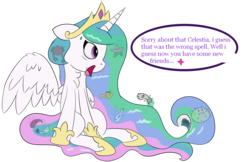 Size: 1700x1100 | Tagged: safe, artist:twittershy, princess celestia, alicorn, fish, pony, puffer fish, starfish, g4, implied twilight sparkle, offscreen character, open mouth, simple background, sitting, speech bubble, spell gone wrong, transparent background