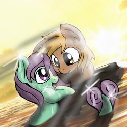 Size: 851x855 | Tagged: safe, artist:manifest harmony, artist:pen-mightier, oc, oc only, oc:ripple, oc:turpentine, earth pony, pony, sea pony, fanfic:drifting down a lazy river, fanfic, fanfic art, fimfiction.net link, sunset