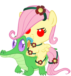 Size: 946x1017 | Tagged: safe, artist:red4567, fluttershy, gummy, pony, g4, ponies of dark water, baby, baby pony, cute, fluttershy riding gummy, pacifier, poison ivyshy, ponies riding gators, riding, shyabetes