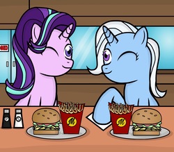 Size: 2048x1797 | Tagged: dead source, safe, artist:drewmwhit, starlight glimmer, trixie, pony, unicorn, g4, burger, duo, eye contact, female, food, hay burger, hoof hold, horseshoe fries, looking at each other, mare, one eye closed, pepper, raised hoof, salt, sitting, smiling, wink