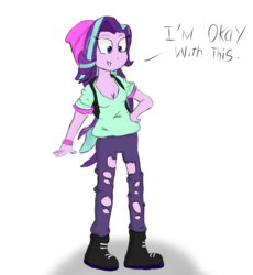 Size: 1058x1150 | Tagged: safe, artist:mildockart, starlight glimmer, equestria girls, equestria girls specials, g4, beanie, boots, breasts, cleavage, clothes, dialogue, female, hat, pants, solo, torn clothes