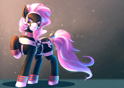 Size: 1400x990 | Tagged: safe, artist:bakki, oc, oc only, oc:cream pie, oc:cream/lightning dancer, pegasus, pony, fanfic:clocktower society, bell, bondage, bondage gear, bound wings, bridle, cat bell, clothes, collar, commission, female, harness, raised hoof, solo, story in the source, story included, tack, tail wrap
