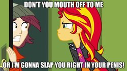 Size: 888x499 | Tagged: safe, normal norman, sunset shimmer, equestria girls, g4, my little pony equestria girls, family guy, image macro, lockers, male, meme