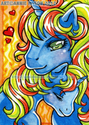 Size: 370x517 | Tagged: safe, artist:anniemsson, baby ribbon, ribbon (g1), pony, unicorn, g1, female, filly, foal, mare, markers, solo, traditional art, watercolor painting, watermark