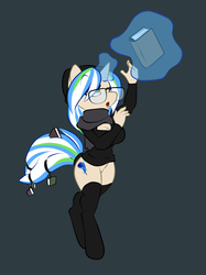 Size: 1739x2328 | Tagged: safe, artist:lavenderrose, oc, oc only, oc:story time, unicorn, anthro, unguligrade anthro, beanie, book, clothes, glasses, glowing horn, hat, horn, magic, scarf, solo, stockings, telekinesis, thigh highs