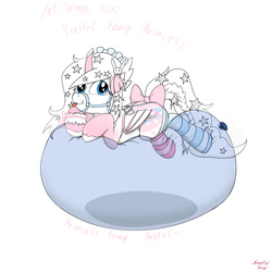 Size: 6000x6000 | Tagged: safe, artist:littlenaughtypony, oc, oc only, oc:pastel princess, bat pony, pony, absurd resolution, balloon, balloon riding, bow, clothes, socks, stars, striped socks, that pony sure does love balloons, tongue out