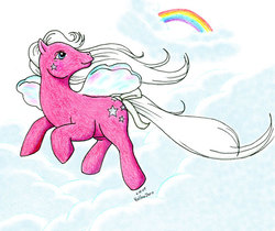 Size: 630x528 | Tagged: safe, artist:hollowzero, hollywood (g1), flutter pony, pony, g1, cloud, colored pencil drawing, female, pen drawing, pencil drawing, photoshop, rainbow, solo, traditional art