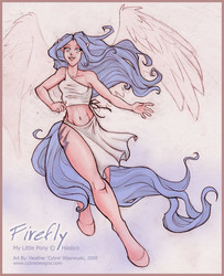 Size: 648x800 | Tagged: safe, artist:cybre, firefly, human, g1, female, hoof feet, humanized, pencil drawing, photoshop, pony coloring, solo, tailed humanization, traditional art, winged humanization, wings