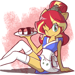 Size: 900x900 | Tagged: safe, artist:rvceric, sunset shimmer, equestria girls, alternate hairstyle, apron, breasts, clothes, cute, delicious flat chest, equestria girls minis, eyes closed, female, food, happi, legs, looking at you, one eye closed, ponied up, serving tray, shimmerbetes, sitting, smiling, socks, solo, sunset sushi, sushi, thigh highs, thighs, toy interpretation, wink