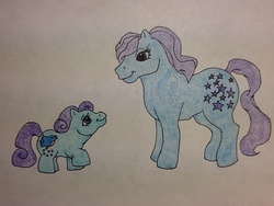 Size: 960x720 | Tagged: safe, artist:iluvchedda, blue belle, peeks, pony, g1, baby, baby pony, headcanon, traditional art