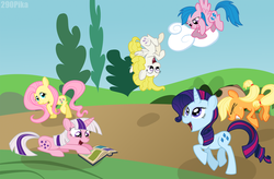 Size: 900x591 | Tagged: safe, artist:shutupsprinkles, applejack, firefly, posey, sparkler (g1), surprise, twilight, g1, g4, g1 six, g1 to g4, generation leap