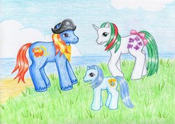 Size: 1024x725 | Tagged: safe, artist:normaleeinsane, baby sapphire, barnacle, gusty, g1, beach, cloud, grass, sky, traditional art