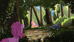 Size: 1920x1080 | Tagged: safe, artist:hierozaki, angel bunny, fluttershy, pinkie pie, pony, g4, forest, peeping, scenery