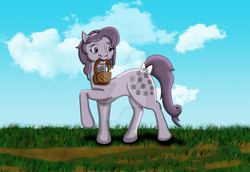 Size: 900x618 | Tagged: safe, artist:faerie-starv, blossom, pony, g1, basket, cloud, female, flower, grass, mouth hold, solo, watermark