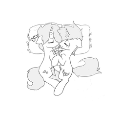 Size: 1347x1301 | Tagged: safe, artist:woonasart, oc, oc only, pony, unicorn, cuddling, cute, fluffy, grayscale, monochrome, pillow, snuggling