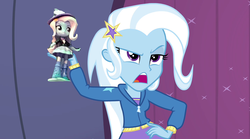 Size: 1276x712 | Tagged: safe, edit, edited screencap, screencap, trixie, equestria girls, g4, my little pony equestria girls: rainbow rocks, doll, equestria girls minis, female, irl, photo, toy