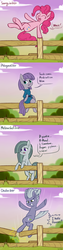 Size: 1600x6400 | Tagged: dead source, safe, artist:dsp2003, limestone pie, marble pie, maud pie, pinkie pie, earth pony, pony, g4, 4chan, comic, cute, doge, drawthread, female, fence, four humors, four temperaments, high res, jumping, marblebetes, mare, monologue, parkour, parody, pie sisters, trait