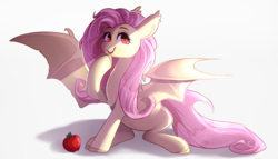 Size: 1587x910 | Tagged: safe, artist:sevedie, fluttershy, bat pony, pony, g4, apple, female, flutterbat, food, hoof on chin, looking at you, open mouth, race swap, simple background, sitting, smiling, solo, spread wings, white background