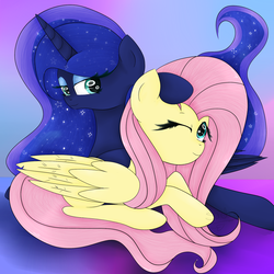 Size: 1024x1024 | Tagged: safe, artist:sadonax, fluttershy, princess luna, alicorn, pegasus, pony, g4, female, hug, lesbian, one eye closed, prone, ship:lunashy, shipping