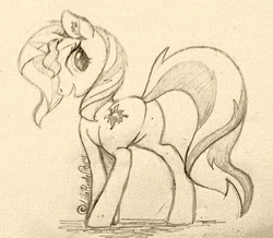 Size: 1234x1078 | Tagged: safe, artist:lilapudelpony, sunset shimmer, pony, unicorn, g4, bunset shimmer, butt, female, looking at you, monochrome, pencil drawing, plot, rear view, sketch, solo, traditional art