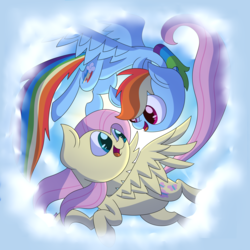 Size: 2743x2743 | Tagged: safe, artist:supercoco142, fluttershy, rainbow dash, pegasus, pony, g4, cloud, cute, dashabetes, eye contact, female, flying, high res, lesbian, looking at each other, open mouth, ship:flutterdash, shipping, shyabetes, sky, smiling, spread wings