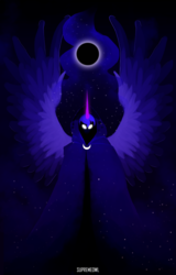 Size: 1035x1620 | Tagged: safe, artist:supremeowl, princess luna, spirit of hearth's warming yet to come, pony, g4, cloak, clothes, eclipse, female, glowing eyes, looking at you, solar eclipse, solo, spread wings