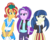 Size: 1705x1349 | Tagged: safe, artist:berrypunchrules, juniper montage, starlight glimmer, sunset shimmer, equestria girls, g4, clothes, cute, equestria girls minis, female, fingerless gloves, gloves, happi, obi, pants, pigtails, shirt, simple background, skirt, smiling, standing, sunset sushi, toy interpretation, transparent background, trio, twintails, vest