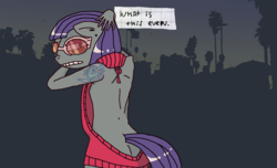 Size: 1330x811 | Tagged: safe, artist:grinwild, maud pie, tree hugger, earth pony, pony, g4, backless, buttcrack, clothes, dialogue, female, glasses, looking back, open-back sweater, sleeveless sweater, solo, sweater, tattoo, virgin killer sweater