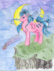 Size: 797x1036 | Tagged: safe, artist:cherryhobbit, firefly, g1, cliff, comet, contest, contest entry, crescent moon, moon, traditional art