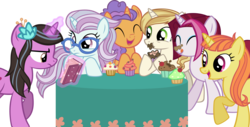 Size: 3990x2028 | Tagged: safe, artist:ironm17, cayenne, citrus blush, lily love, north point, pretzel twist, sweet biscuit, pony, unicorn, g4, ^^, book, cupcake, eyes closed, food, glasses, high res, magic aura, simple background, table, transparent background, vector