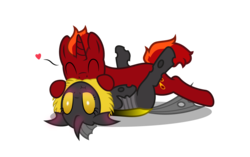 Size: 1365x855 | Tagged: safe, artist:firefall-mlp, oc, oc only, oc:aurelia, oc:firefall, changeling, pony, unicorn, changeling oc, female, fluffy, fluffy changeling, male, neck fluff, simple background, snuggling, stallion, transparent background, vector, yellow changeling